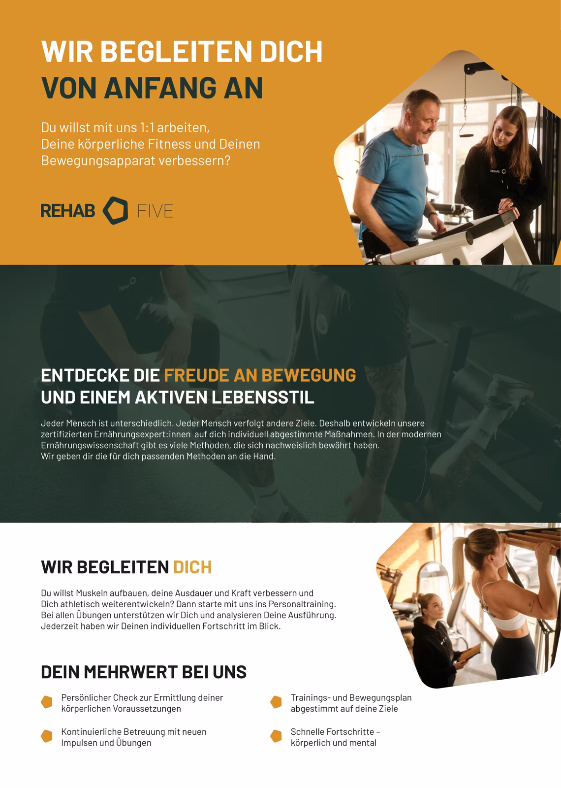 REHAB FIVE Personaltraining-Flyer — Print-Anwendung im Marken-System
