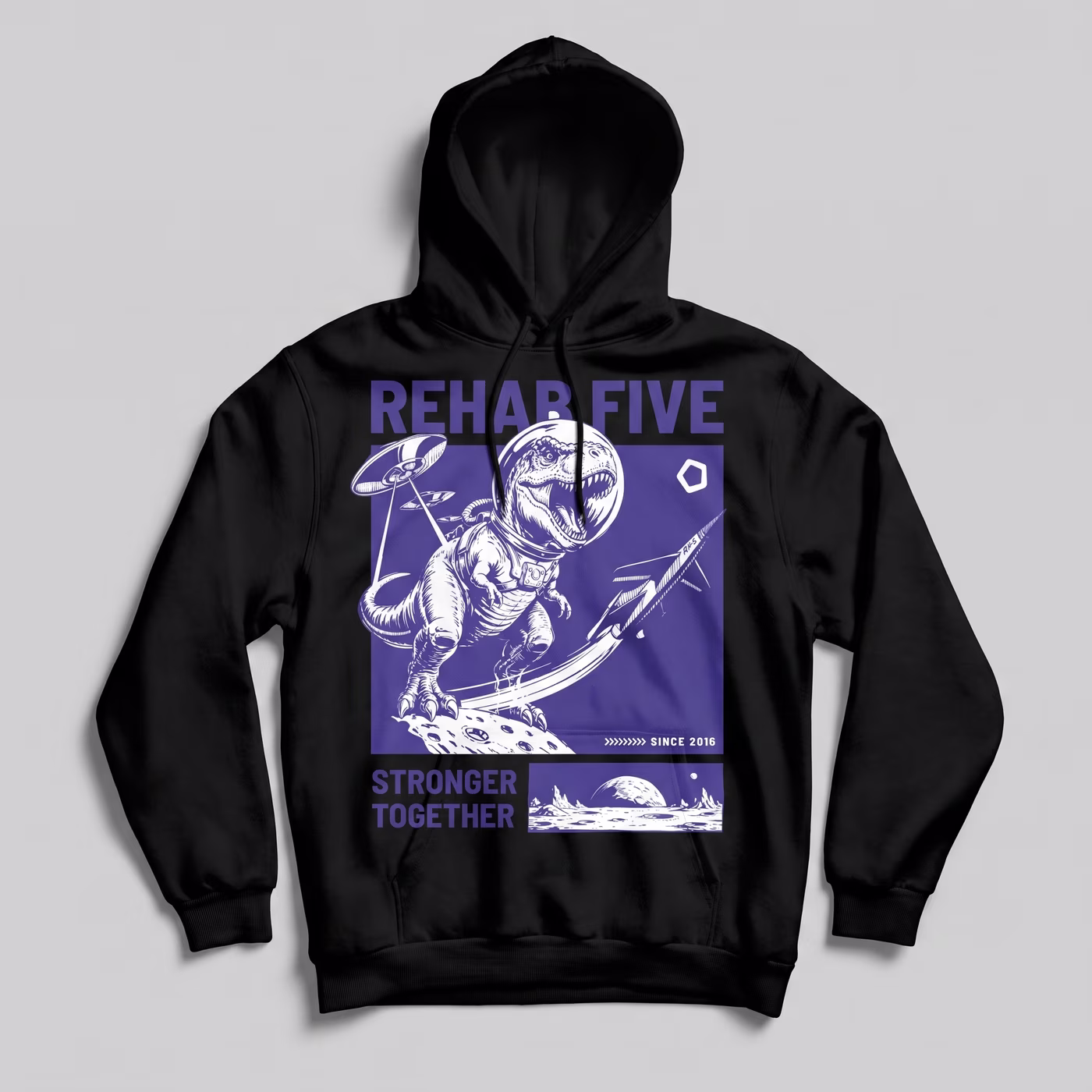 Schwarzer REHAB-FIVE Hoodie mit T-Rex-Print